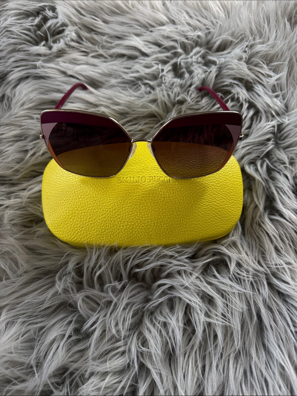 Emilio Pucci Burgundy to Pink Gradient Cat-Eye Sunglasses with Yellow Case
